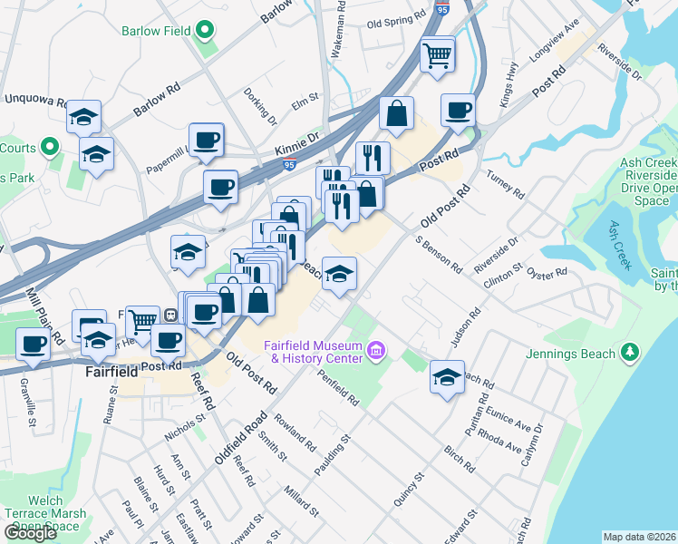 map of restaurants, bars, coffee shops, grocery stores, and more near 1-79 Beach Rd in Fairfield