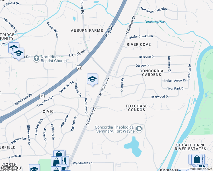 map of restaurants, bars, coffee shops, grocery stores, and more near 1910 Beechmont Drive in Fort Wayne