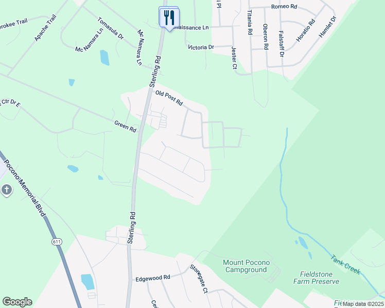 map of restaurants, bars, coffee shops, grocery stores, and more near Evergreen Circle in Tobyhanna