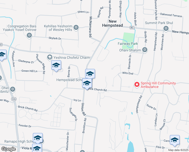 map of restaurants, bars, coffee shops, grocery stores, and more near 80 Brick Church Road in Spring Valley