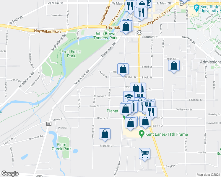 map of restaurants, bars, coffee shops, grocery stores, and more near 254 West Elm Street in Kent