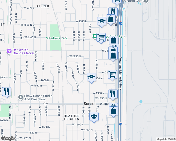map of restaurants, bars, coffee shops, grocery stores, and more near 2115 North 250 West in Sunset