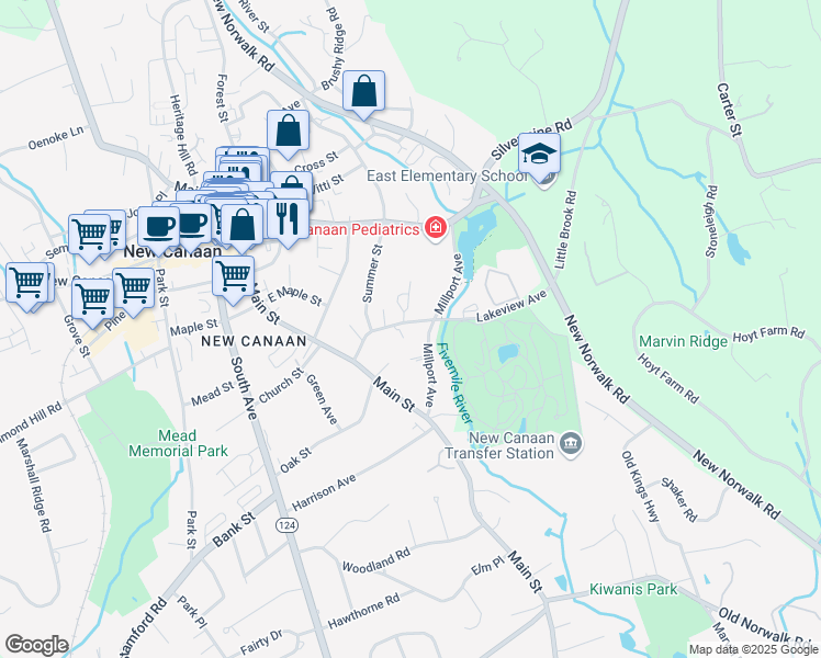 map of restaurants, bars, coffee shops, grocery stores, and more near 61 Lakeview Avenue in New Canaan