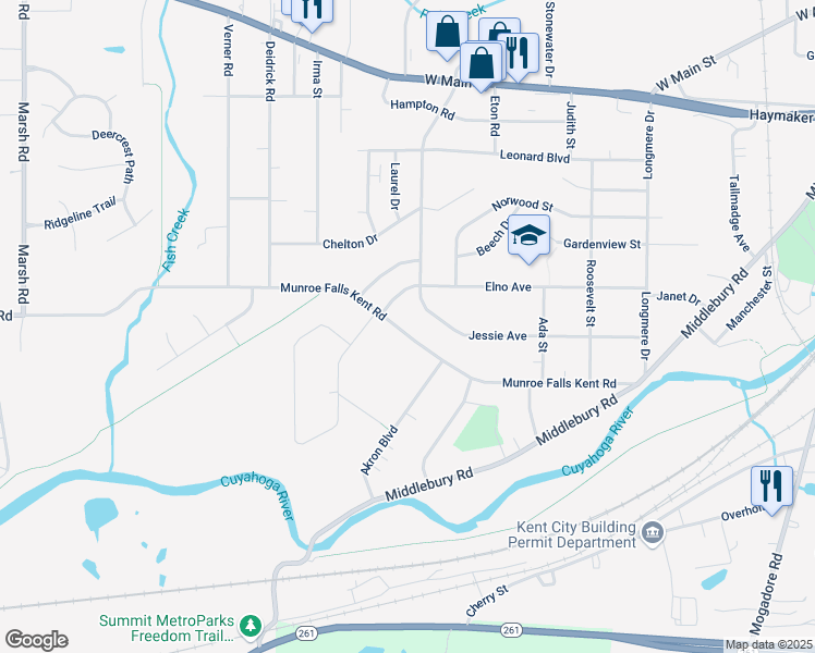 map of restaurants, bars, coffee shops, grocery stores, and more near 1155 Munroe Falls Kent Road in Kent