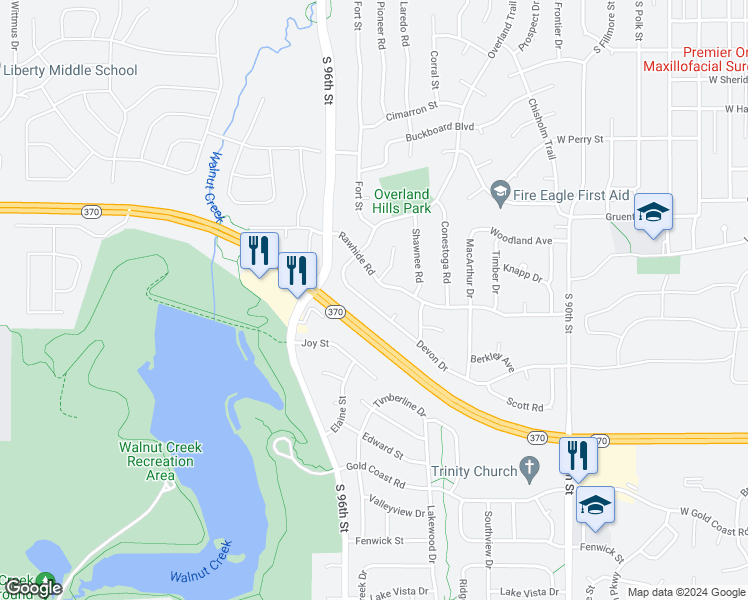 map of restaurants, bars, coffee shops, grocery stores, and more near 1136 Devon Drive in Papillion