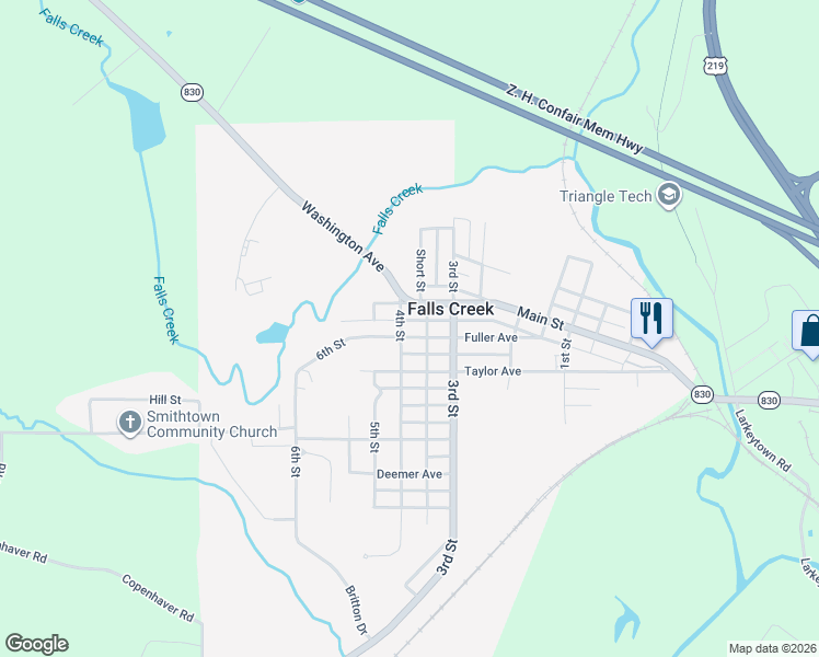 map of restaurants, bars, coffee shops, grocery stores, and more near 324 Main St in Falls Creek