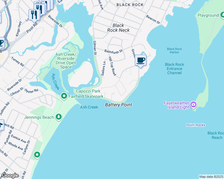 map of restaurants, bars, coffee shops, grocery stores, and more near 195 Battery Park Drive in Bridgeport