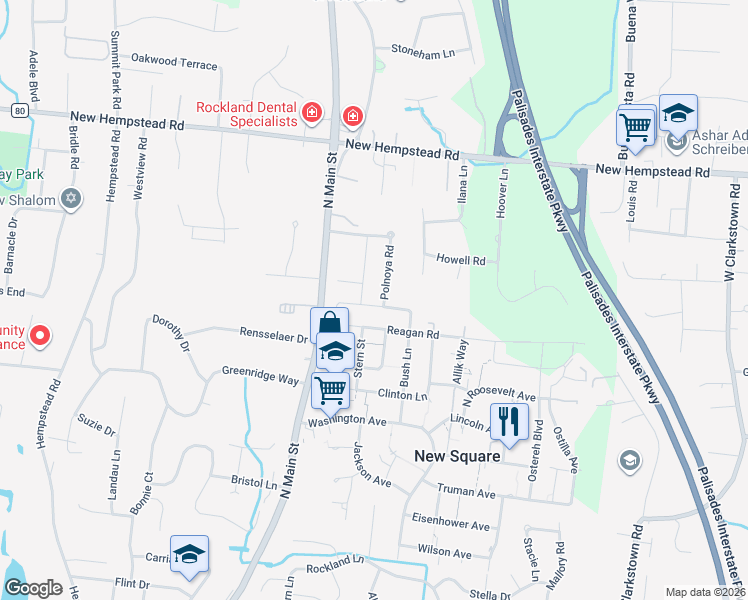 map of restaurants, bars, coffee shops, grocery stores, and more near 16 Slavita Road in Spring Valley