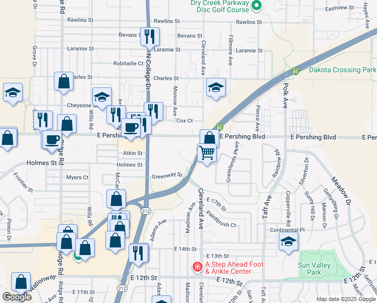 map of restaurants, bars, coffee shops, grocery stores, and more near 4350 East Lincolnway in Cheyenne