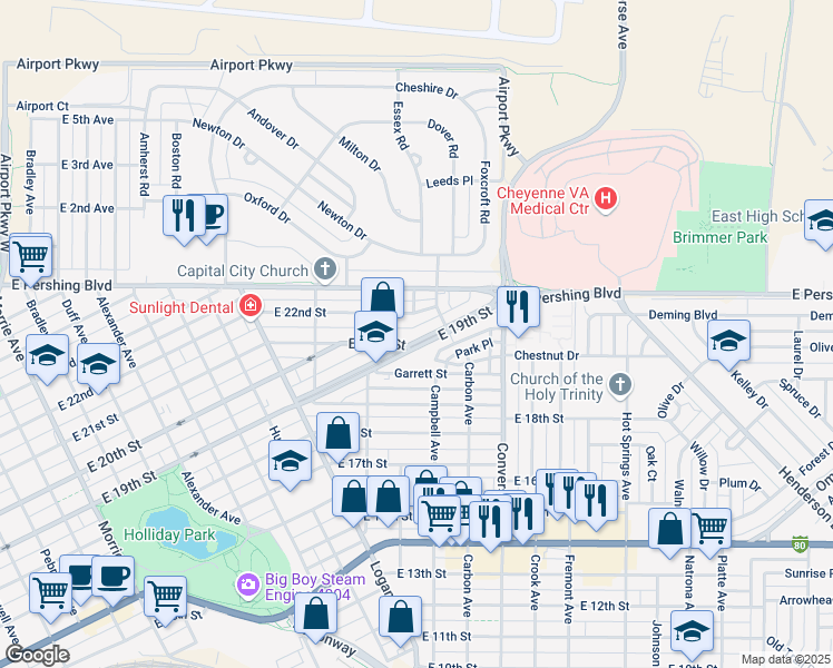 map of restaurants, bars, coffee shops, grocery stores, and more near 2009 East 22nd Street in Cheyenne