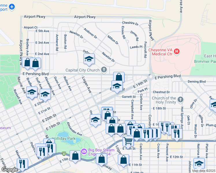 map of restaurants, bars, coffee shops, grocery stores, and more near 1829 East 22nd Street in Cheyenne