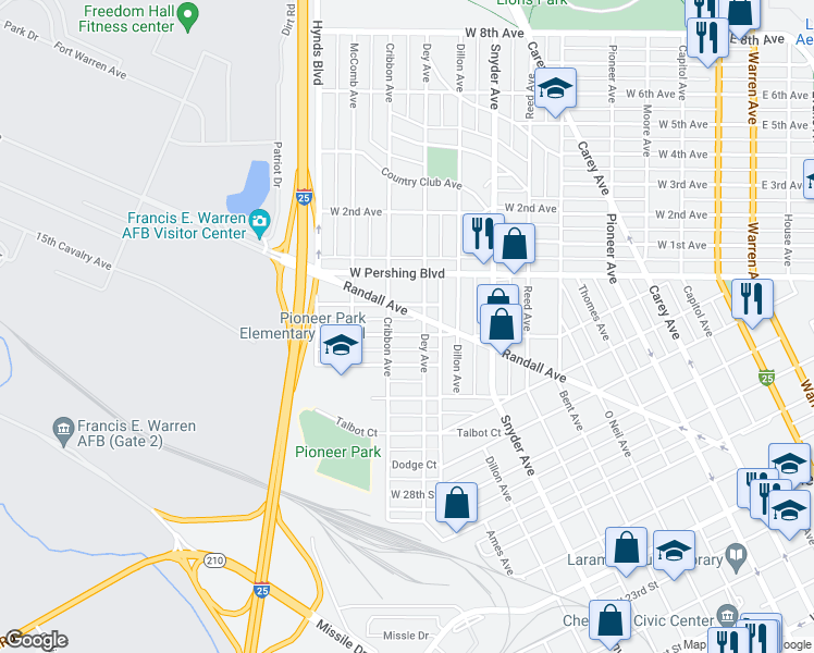 map of restaurants, bars, coffee shops, grocery stores, and more near 1223 Randall Avenue in Cheyenne
