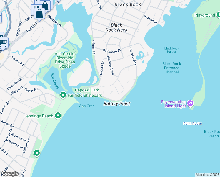 map of restaurants, bars, coffee shops, grocery stores, and more near 195 Battery Park Drive in Bridgeport