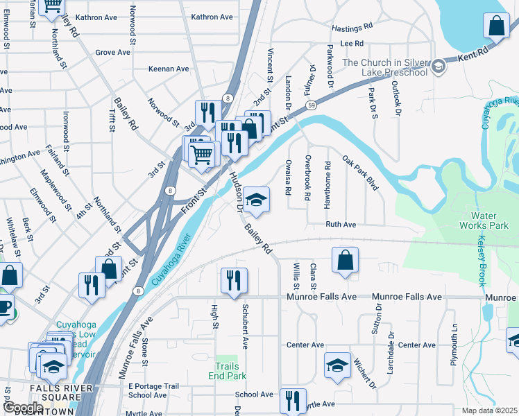 map of restaurants, bars, coffee shops, grocery stores, and more near 862 Gaylord Grove Road in Cuyahoga Falls