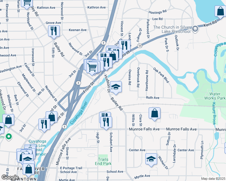 map of restaurants, bars, coffee shops, grocery stores, and more near 738 Gaylord Grove Road in Cuyahoga Falls