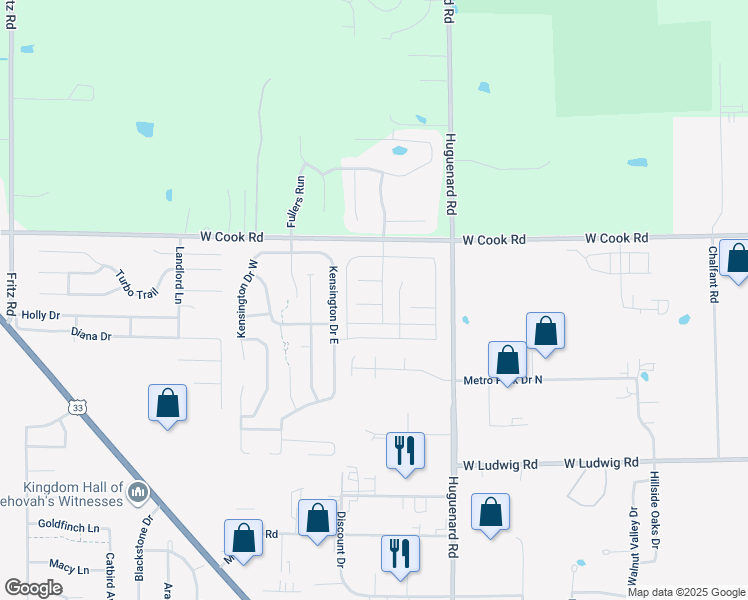 map of restaurants, bars, coffee shops, grocery stores, and more near 7252 Turnstone Boulevard in Fort Wayne
