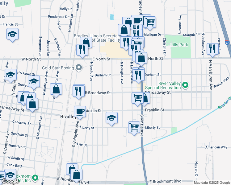 map of restaurants, bars, coffee shops, grocery stores, and more near 136 North Clinton Avenue in Bradley