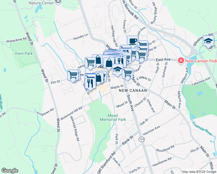 map of restaurants, bars, coffee shops, grocery stores, and more near 143 Park Street in New Canaan