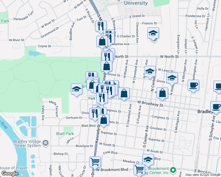 map of restaurants, bars, coffee shops, grocery stores, and more near 211 North Forest Avenue in Bradley