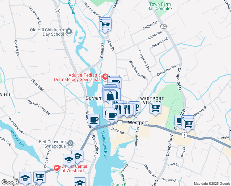 map of restaurants, bars, coffee shops, grocery stores, and more near 110 Myrtle Avenue in Westport