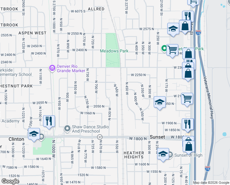 map of restaurants, bars, coffee shops, grocery stores, and more near 2121 North 550 West in Clinton