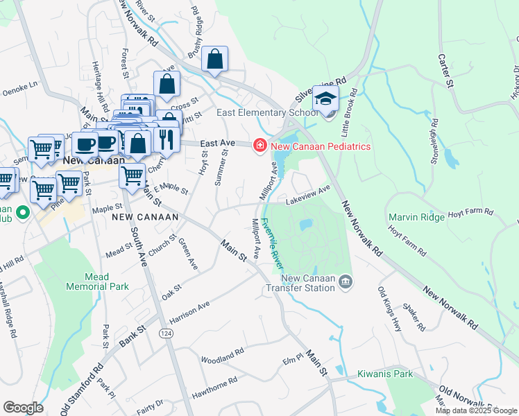 map of restaurants, bars, coffee shops, grocery stores, and more near 94 Millport Avenue in New Canaan