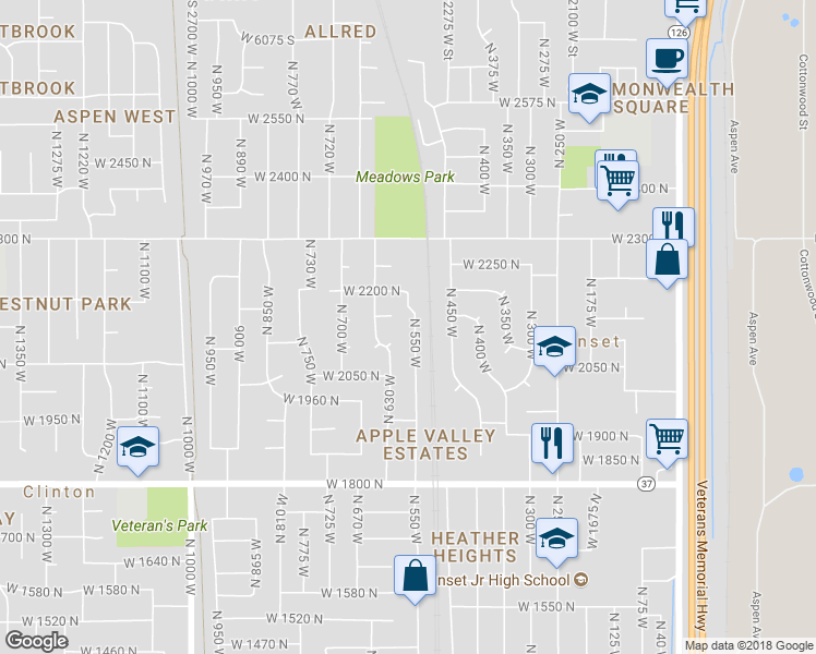 map of restaurants, bars, coffee shops, grocery stores, and more near 2121 North 550 West in Clinton