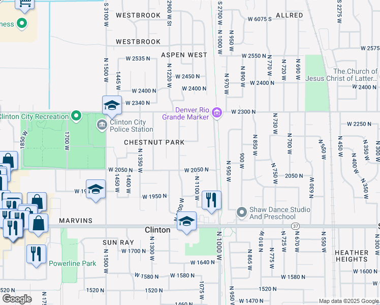map of restaurants, bars, coffee shops, grocery stores, and more near 2158 North 1200 West in Clinton