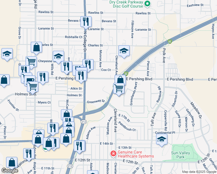 map of restaurants, bars, coffee shops, grocery stores, and more near 4350 East Lincolnway in Cheyenne