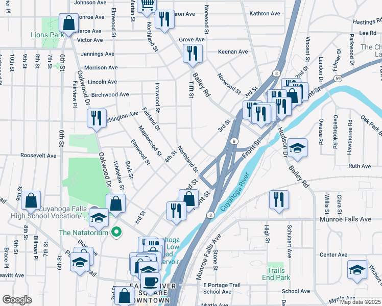 map of restaurants, bars, coffee shops, grocery stores, and more near 2546 3rd Street in Cuyahoga Falls