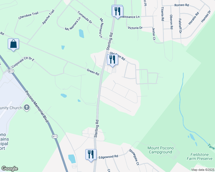 map of restaurants, bars, coffee shops, grocery stores, and more near 3113 Evergreen Circle in Tobyhanna