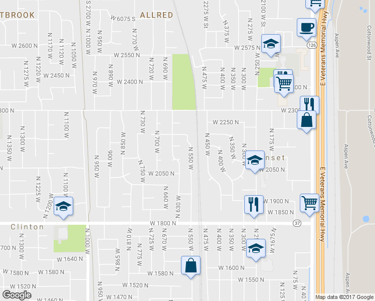 map of restaurants, bars, coffee shops, grocery stores, and more near 2121 North 550 West in Clinton