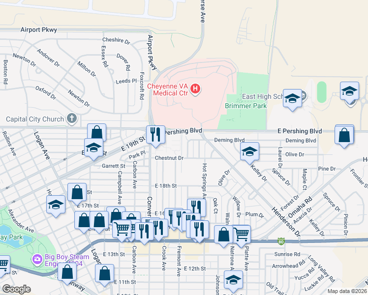 map of restaurants, bars, coffee shops, grocery stores, and more near 2532 Deming Boulevard in Cheyenne