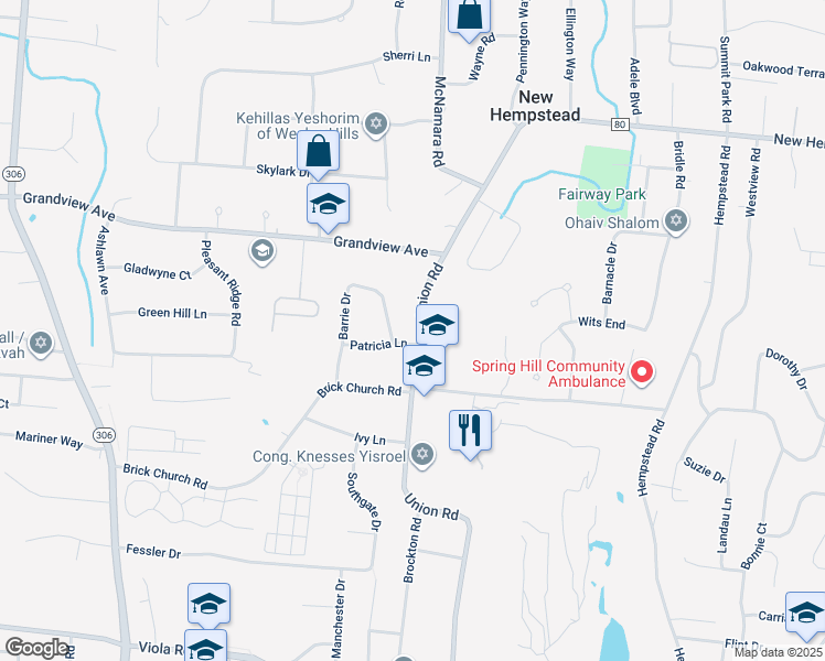map of restaurants, bars, coffee shops, grocery stores, and more near 755 Union Road in Spring Valley