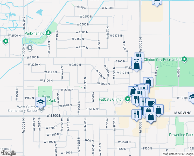 map of restaurants, bars, coffee shops, grocery stores, and more near 2119 North 2360 West in Clinton