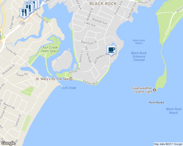 map of restaurants, bars, coffee shops, grocery stores, and more near 195 Battery Park Drive in Bridgeport
