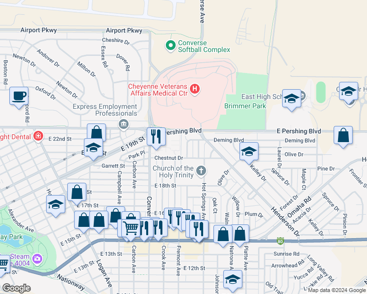 map of restaurants, bars, coffee shops, grocery stores, and more near 2532 Deming Boulevard in Cheyenne