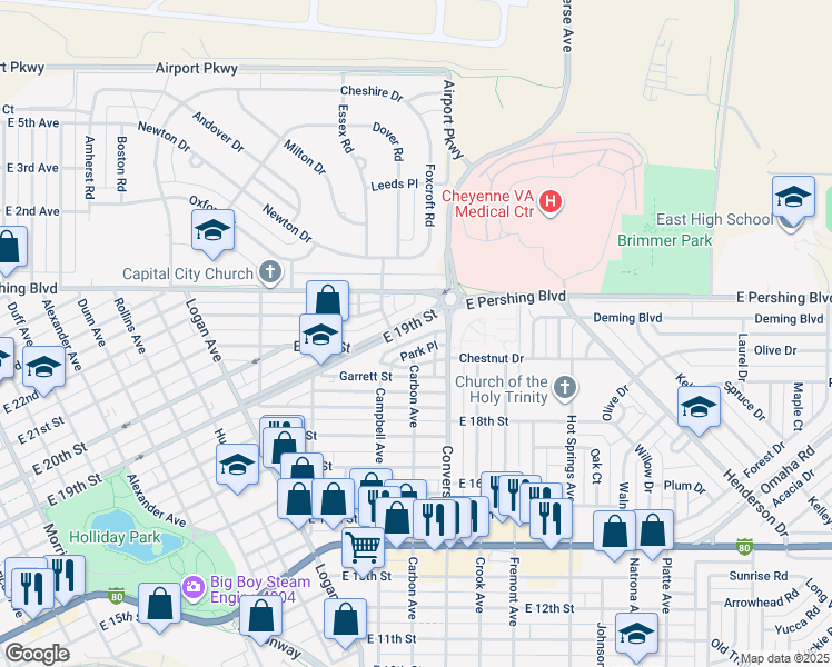 map of restaurants, bars, coffee shops, grocery stores, and more near 2214 East 19th Street in Cheyenne