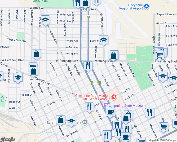 map of restaurants, bars, coffee shops, grocery stores, and more near 2900 Central Avenue in Cheyenne