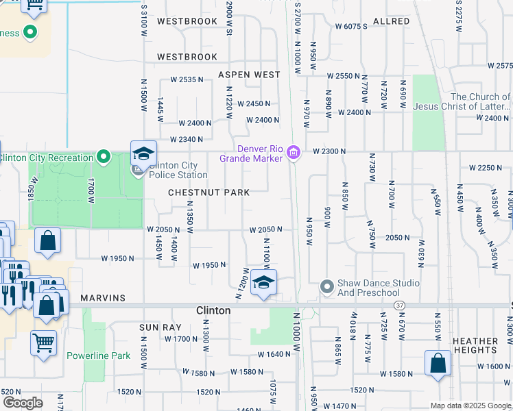 map of restaurants, bars, coffee shops, grocery stores, and more near 2158 North 1200 West in Clinton