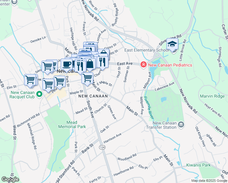 map of restaurants, bars, coffee shops, grocery stores, and more near 19 Lakeview Lane in New Canaan