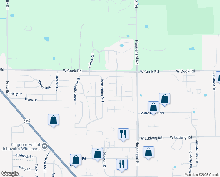 map of restaurants, bars, coffee shops, grocery stores, and more near 7214 Kensington Drive East in Fort Wayne