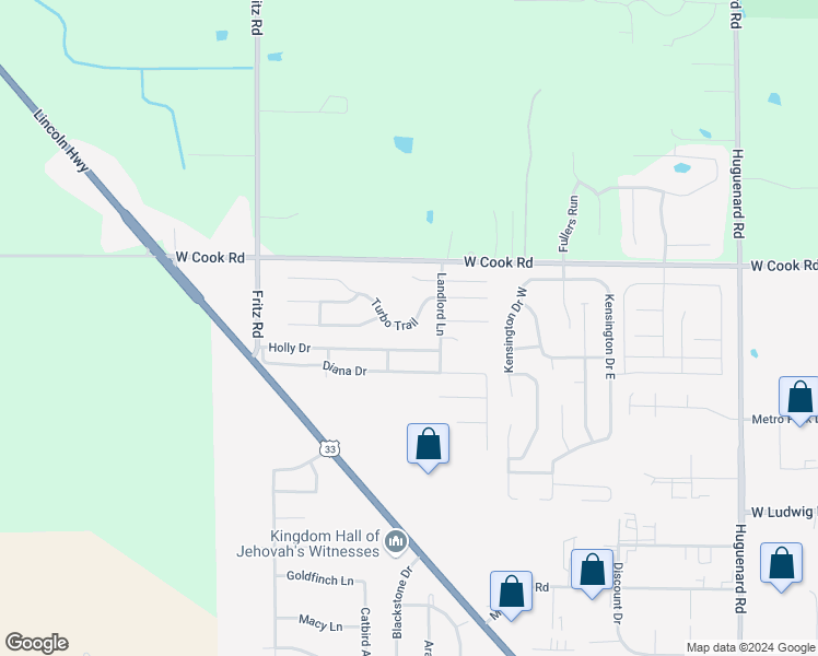 map of restaurants, bars, coffee shops, grocery stores, and more near 4920 Turbo Trail in Fort Wayne