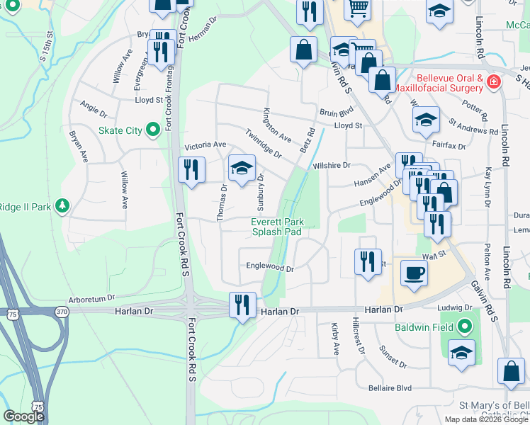 map of restaurants, bars, coffee shops, grocery stores, and more near 1407 Sunbury Drive in Bellevue