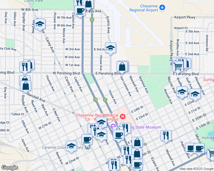 map of restaurants, bars, coffee shops, grocery stores, and more near 2810 House Avenue in Cheyenne