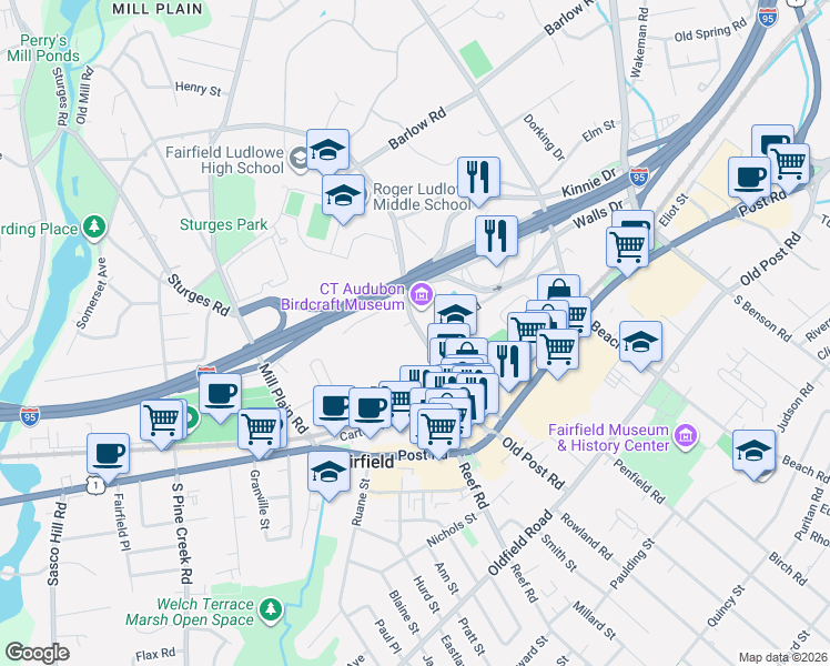map of restaurants, bars, coffee shops, grocery stores, and more near 314 Unquowa Road in Fairfield