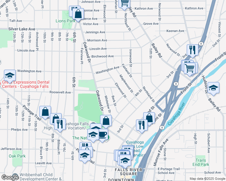 map of restaurants, bars, coffee shops, grocery stores, and more near 241 Roosevelt Avenue in Cuyahoga Falls