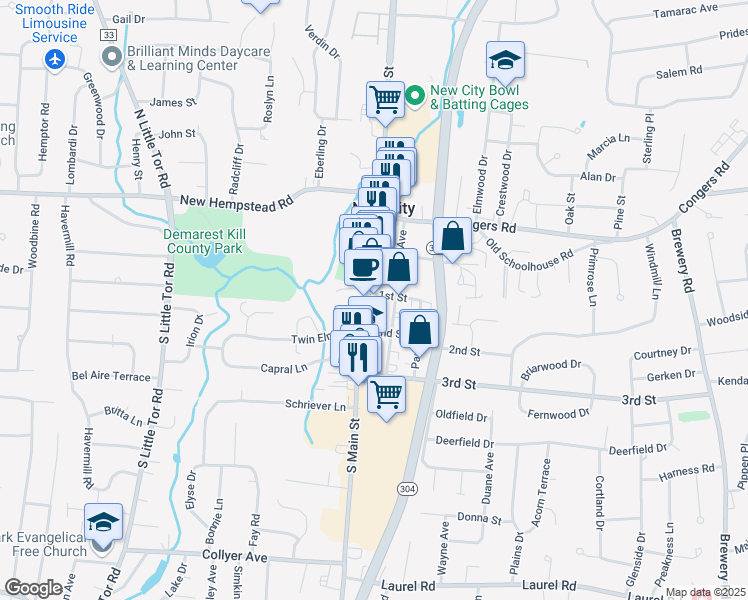 map of restaurants, bars, coffee shops, grocery stores, and more near 61 Maple Avenue in New City
