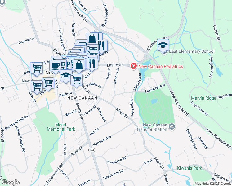 map of restaurants, bars, coffee shops, grocery stores, and more near 32 Lakeview Avenue in New Canaan