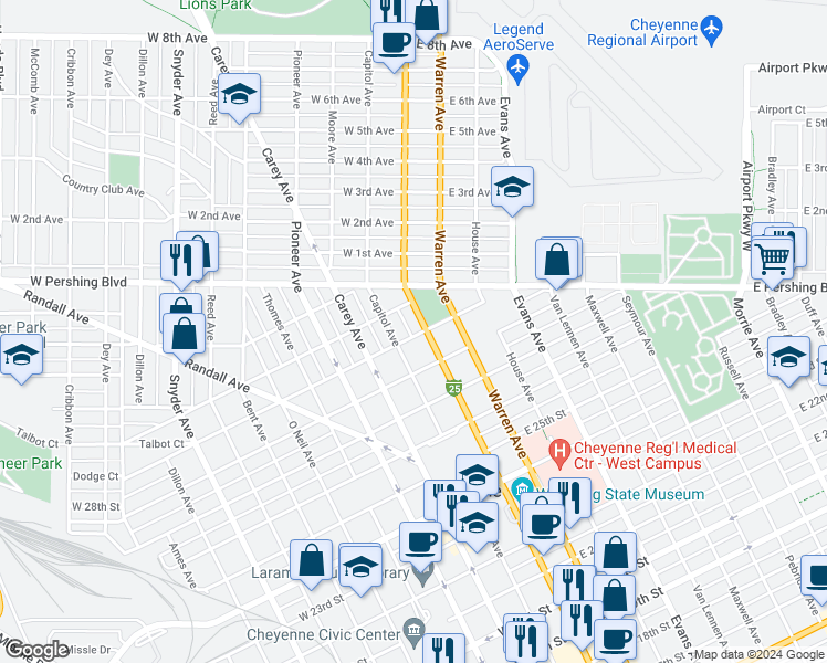 map of restaurants, bars, coffee shops, grocery stores, and more near 104 West 29th Street in Cheyenne
